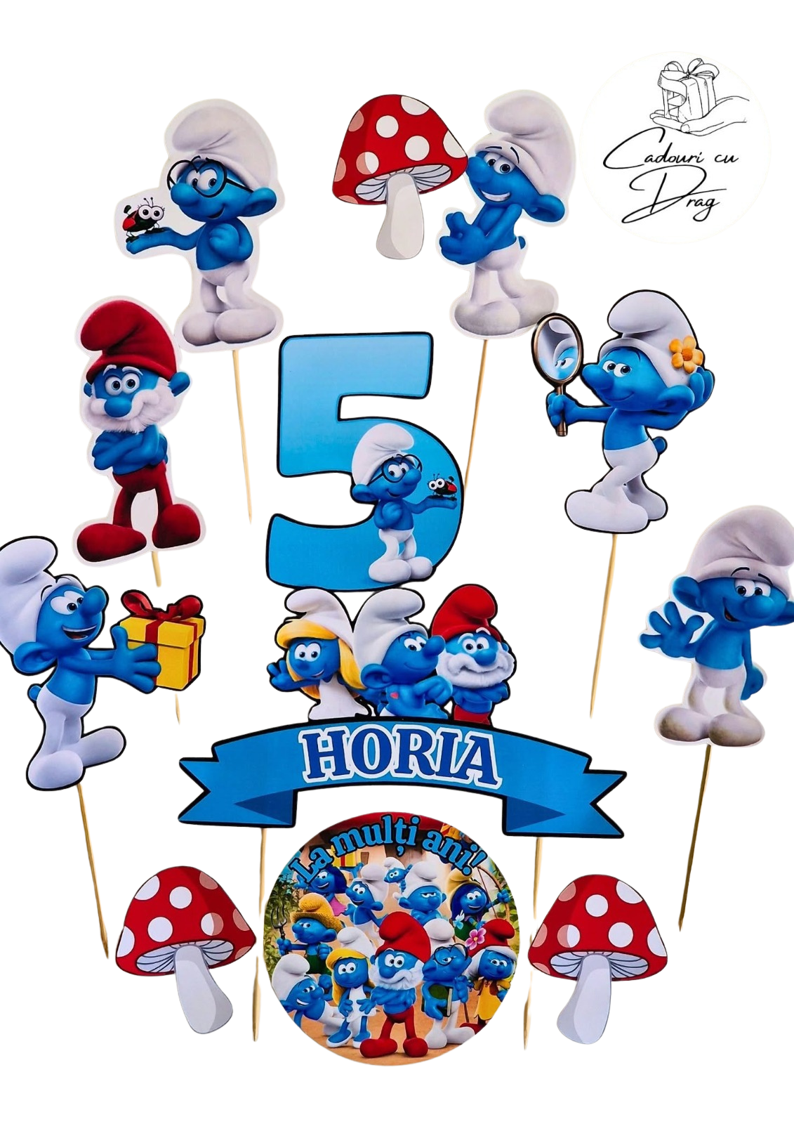 Topper tort personalizat Ștrumfii – cu nume și vârstă