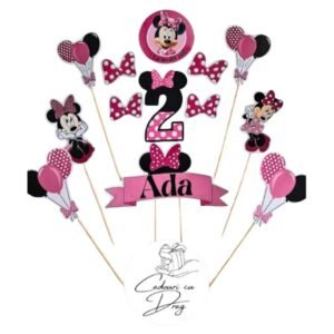 Topper tort personalizat Minnie Mouse, set aniversar cu nume și vârstă