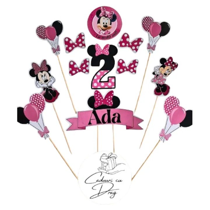 Topper tort personalizat Minnie Mouse, set aniversar cu nume și vârstă