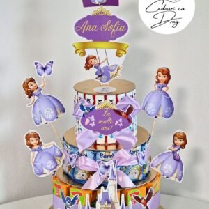Tort din dulciuri ambalate personalizat Prințesa Sofia Întâi – 20 porții (Tedi, Barni & Kinder Maxi)