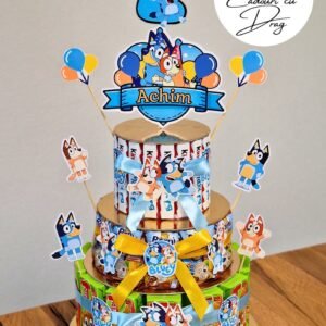 Tort din dulciuri ambalate personalizat Bluey & Bingo – 20 porții (Tedi, Barni & Kinder Maxi)