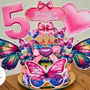 Tort din dulciuri ambalate personalizat Fluturi – 15 porții (Tedi & Barni)
