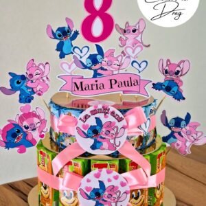 Tort din dulciuri ambalate personalizat Stitch & Angel – 15 porții (Tedi & Barni)