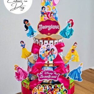 Tort din dulciuri ambalate personalizat Prințese Disney – 25 porții (Tedi, Barni & Kinder Maxi)