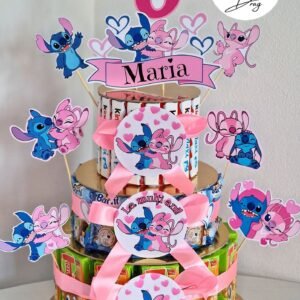 Tort din dulciuri ambalate personalizat Stitch & Angel - 20 porții (Tedi, Barni & Kinder Maxi)