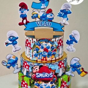 Tort din dulciuri ambalate personalizat Strumfi – 30 porții (Tedi, Barni & Kinder Maxi)