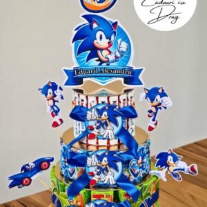 Tort din dulciuri ambalate personalizat Sonic – 20 porții (Tedi, Barni & Kinder Maxi)