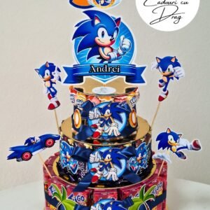 Tort din dulciuri ambalate personalizat Sonic – 20 porții (Figo, prajitura Paradise & acadea Roshen)