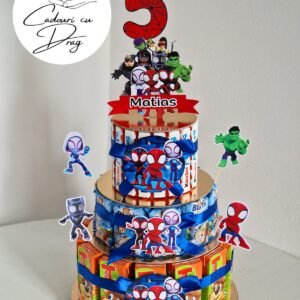 Tort din dulciuri ambalate personalizat Paienjenelul Marvel – 20 porții (Tedi, Barni & Kinder Maxi)