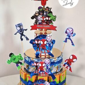 Tort din dulciuri ambalate personalizat Paienjenelul Marvel – 15 porții (Tedi, Barni & Kinder Maxi)
