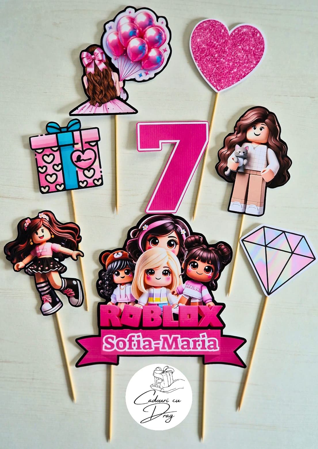 Topper tort personalizat Roblox Roz – cu nume și vârstă