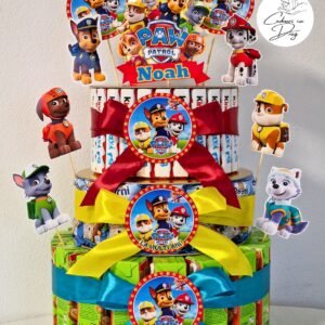 Tort din dulciuri ambalate personalizat Paw Patrol – 30 porții (Tedi, Barni & Kinder Maxi)