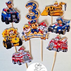 Topper tort personalizat Chase, Marshall, Rubble Paw Patrol – cu nume și vârstă